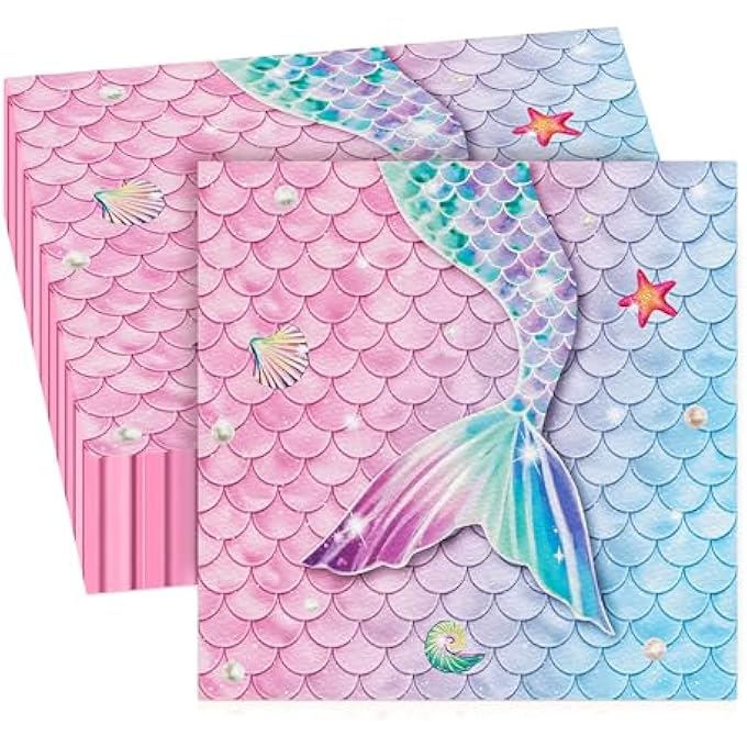 MERMAID NAPKINS PACK OF 40 MERMAID BIRTHDAY DECORATION MERMAID DISPOSABLE PAPER NAPKINS FOR GIRLS PARTY TISSUES, BIRTHDAY PARTY DECORATION ACCESSORIES 33 X 33 CM - Image 1